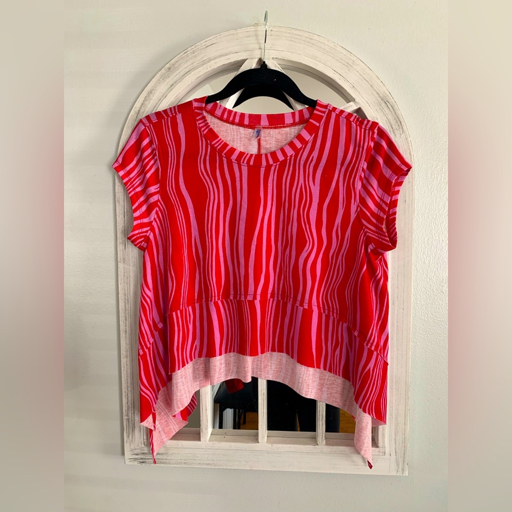 Free People Asymmetrical Red and White Short Sleeve Blouse